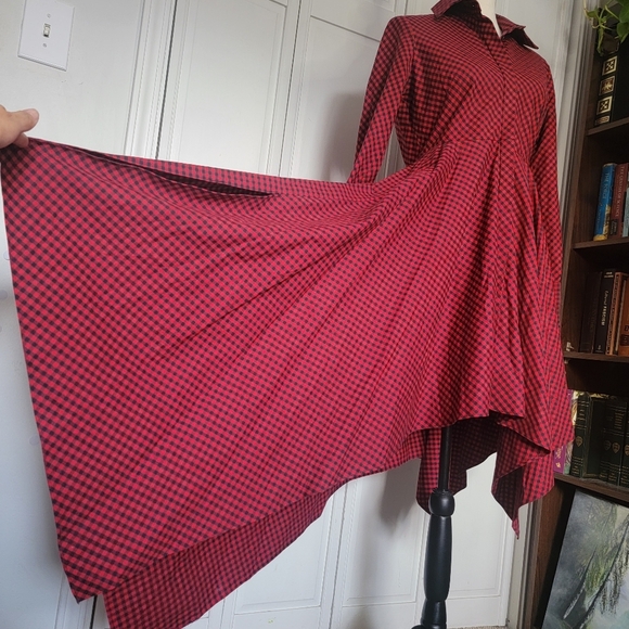 Petersyn Sutton Tartan Red Plaid Cotton Asymmetric A-line Midi Dress Size Small - Picture 2 of 15
